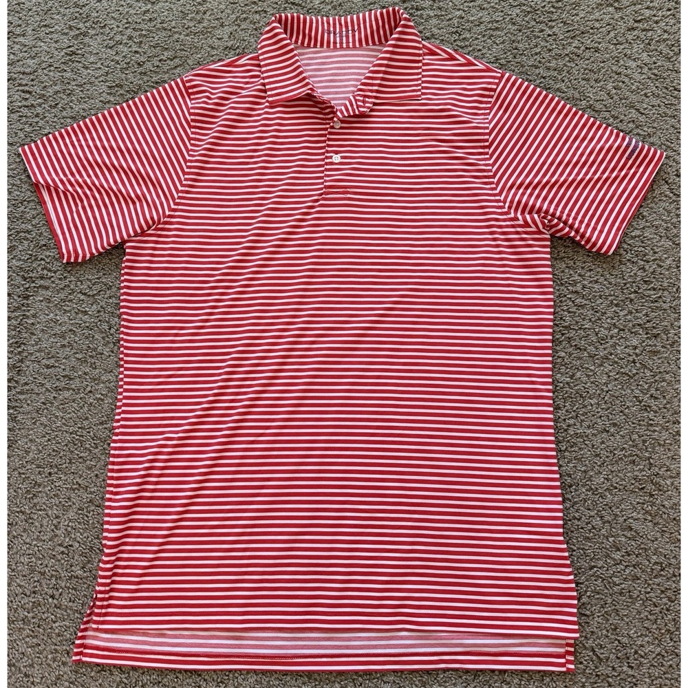 B Draddy Sport Mens Polo Shirt Size Medium Red Striped Golf Club Logo